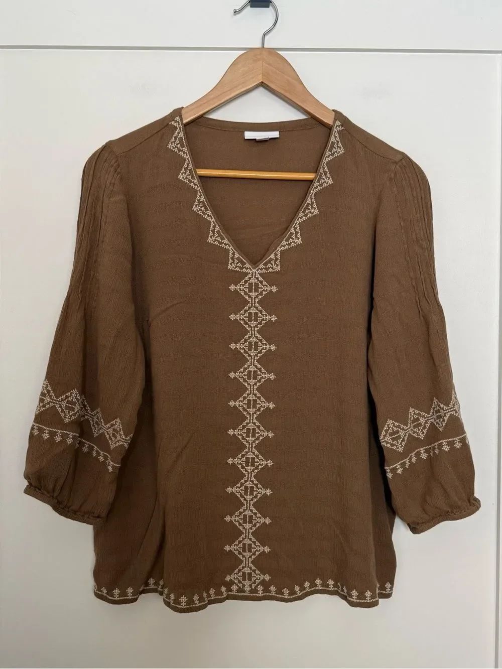 J Jill Top Tunic Womens Sz S Brown Long Sleeve V Neck Embroidered Boho Resort